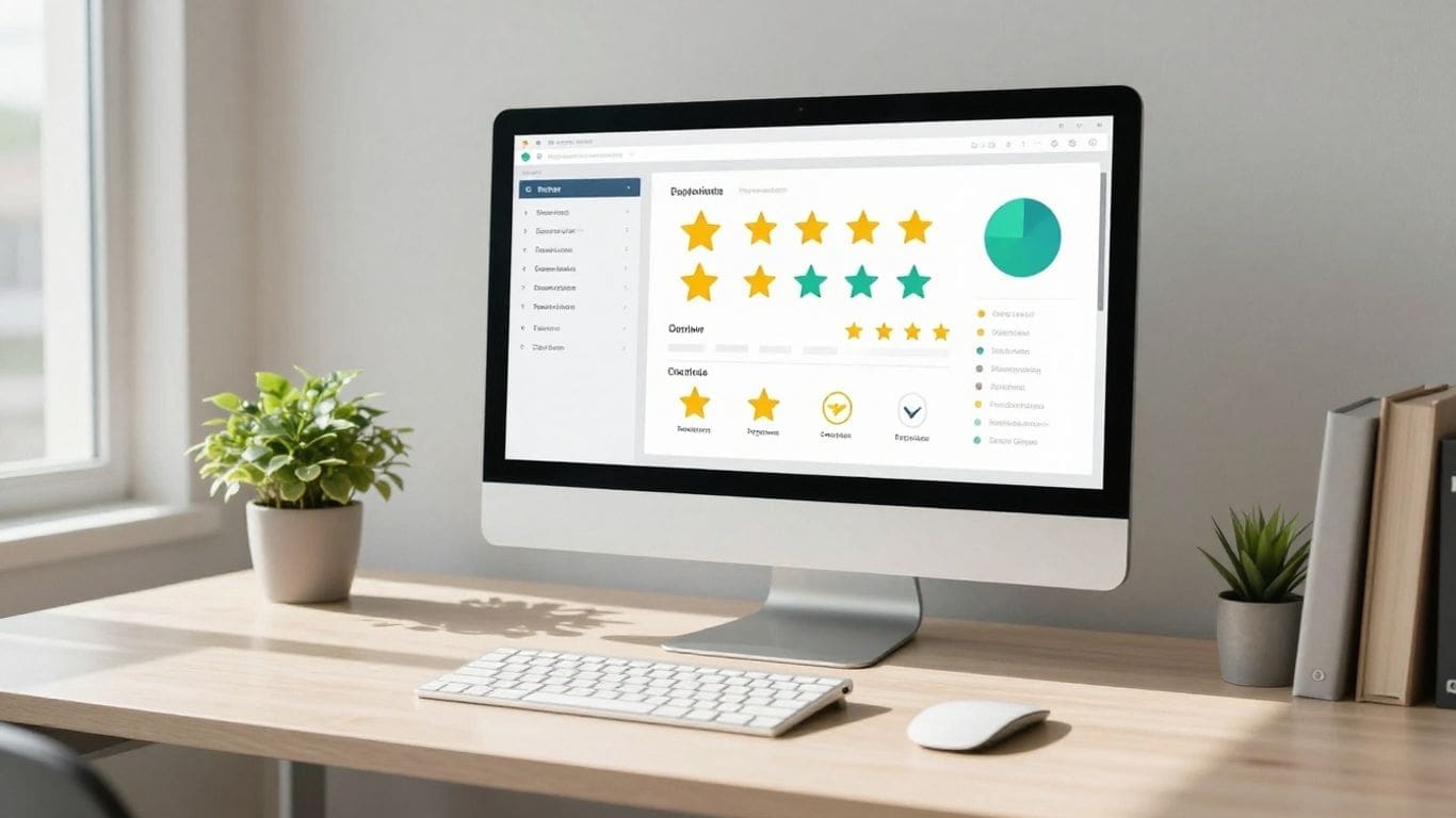 Desktop with computer showing star ratings and pie chart
