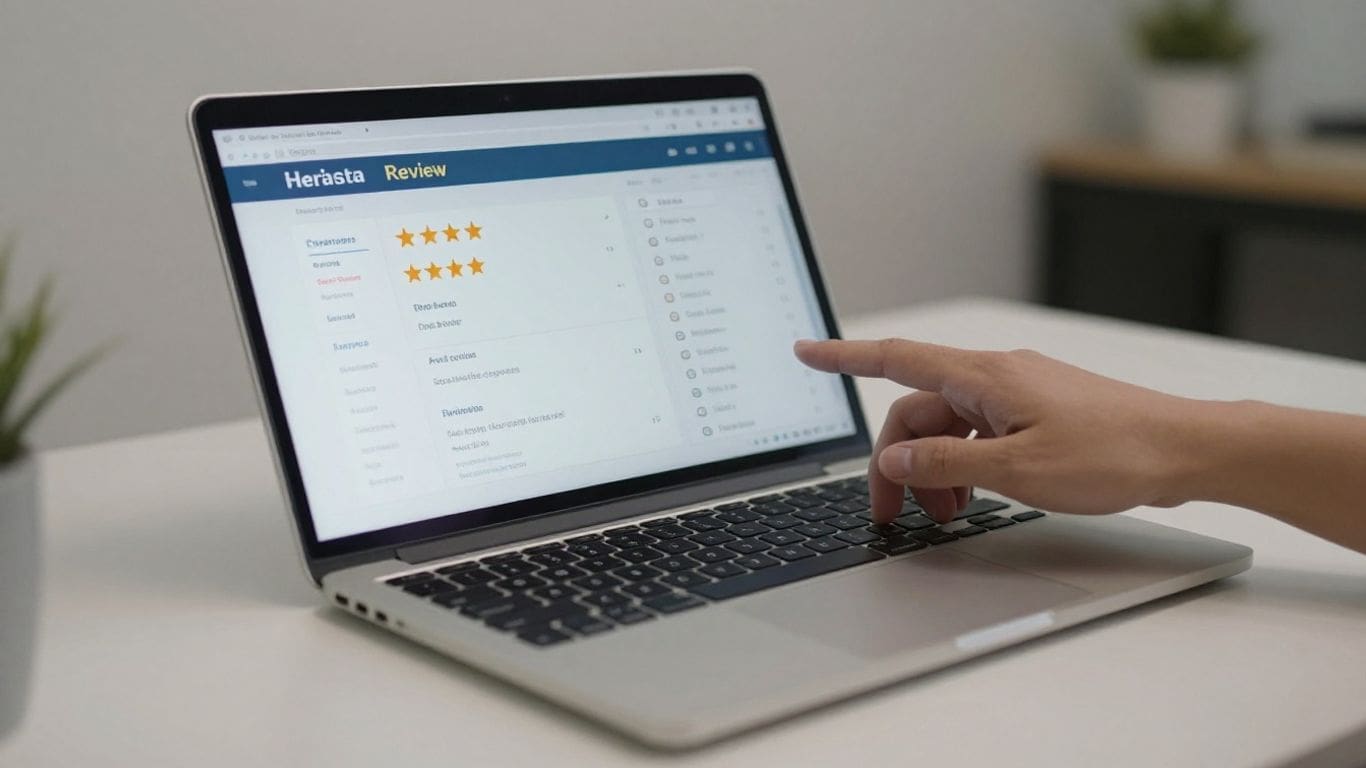 Person pointing at laptop screen with five-star review
