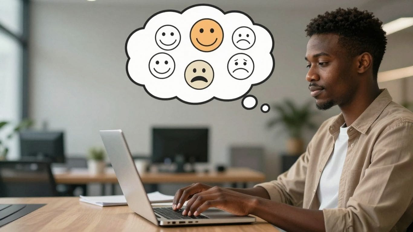 man using laptop with thought bubble of emoticons