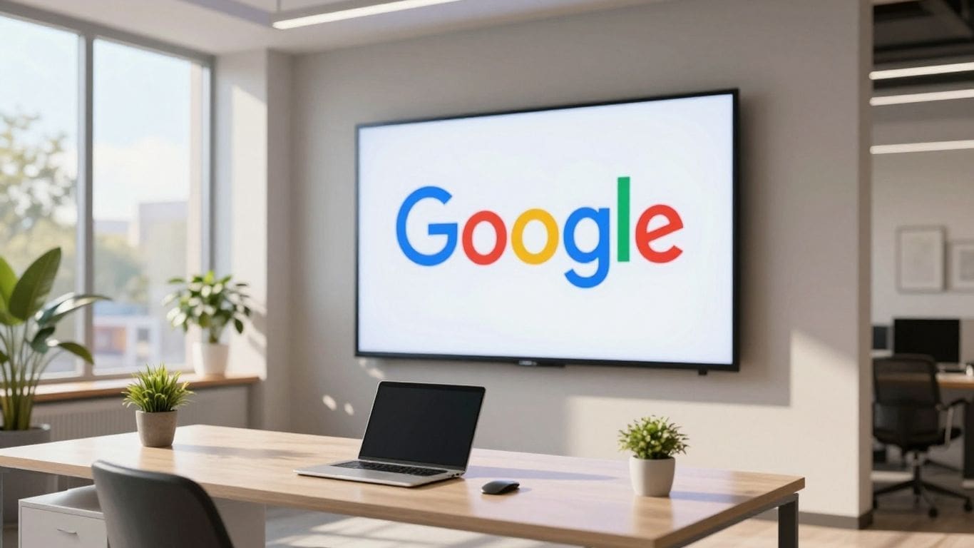 modern office with Google logo on screen and laptop on desk
