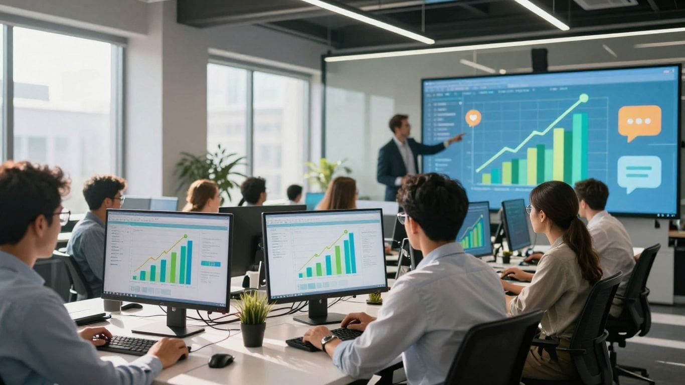 office workers analyzing data on computers with presenter