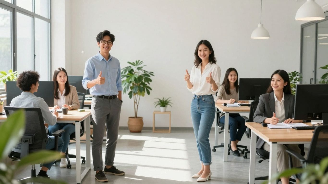 Team in office giving thumbs up near desks and computers