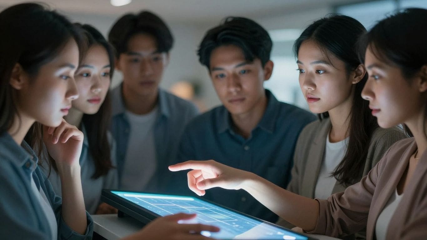 group of young adults focused on touchscreen device