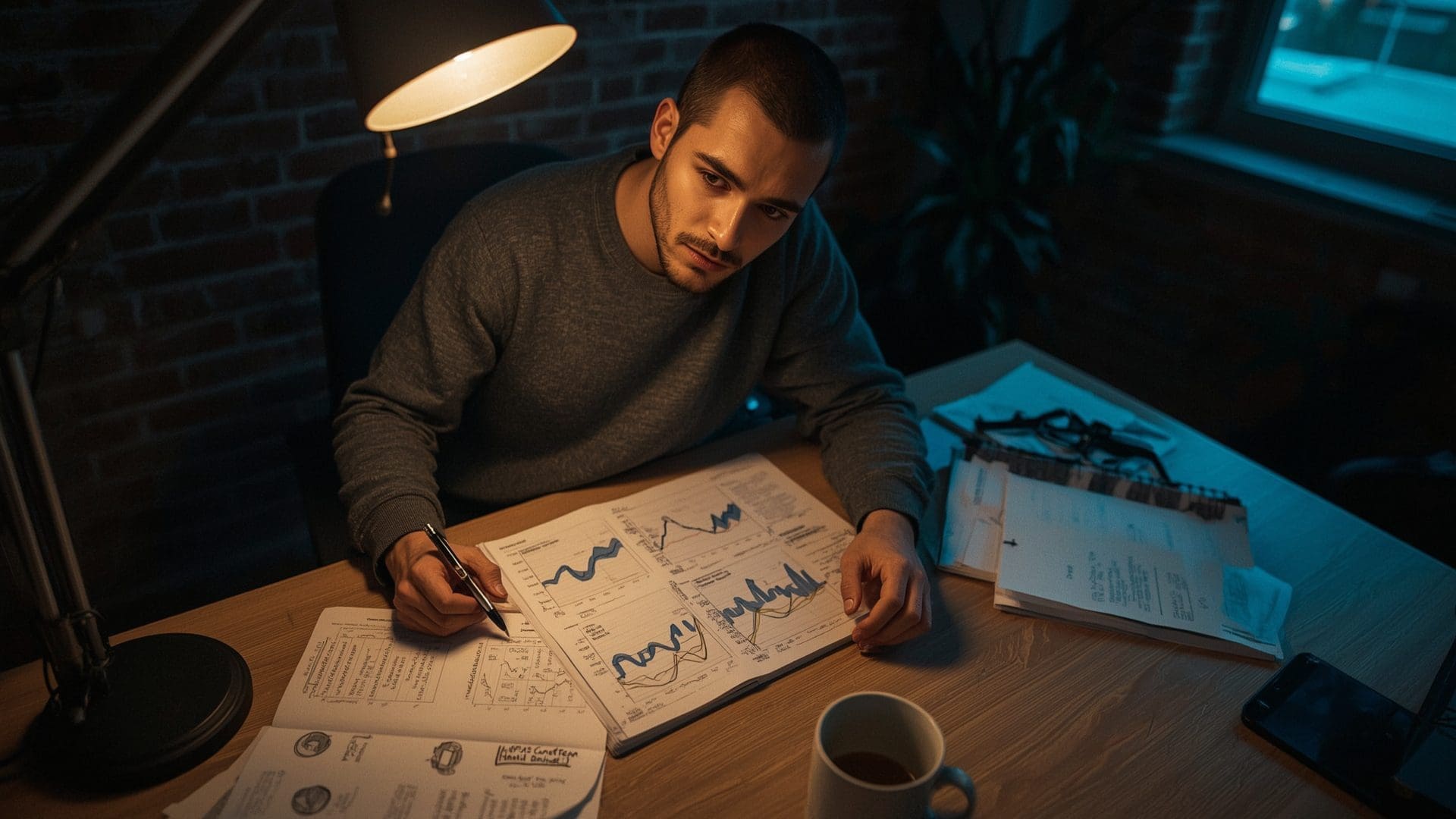 Analyst annotating social media sentiment data charts at a cluttered wooden desk